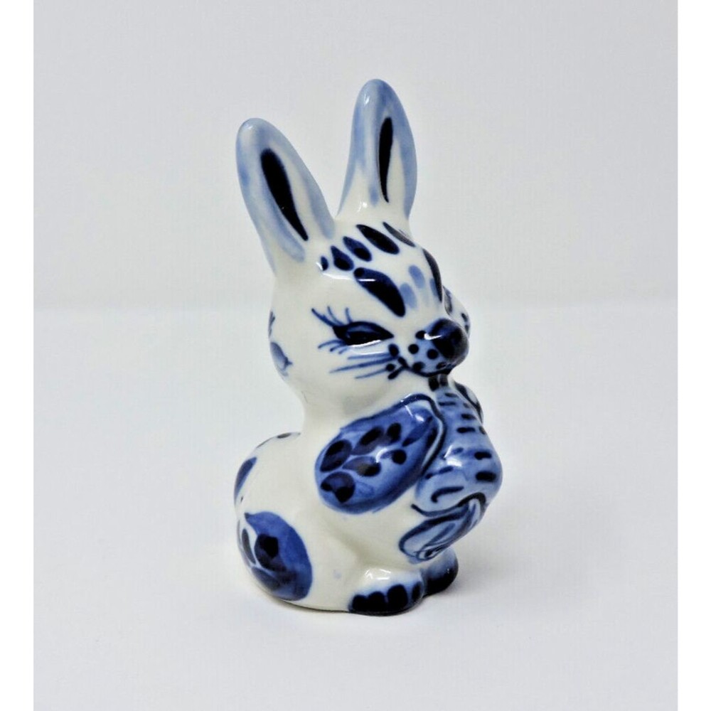 Rabbit Bunny Carrot Gzhel Porcelain Figurine Handmade Russia Cobalt White 4.5in - Picture 2 of 15
